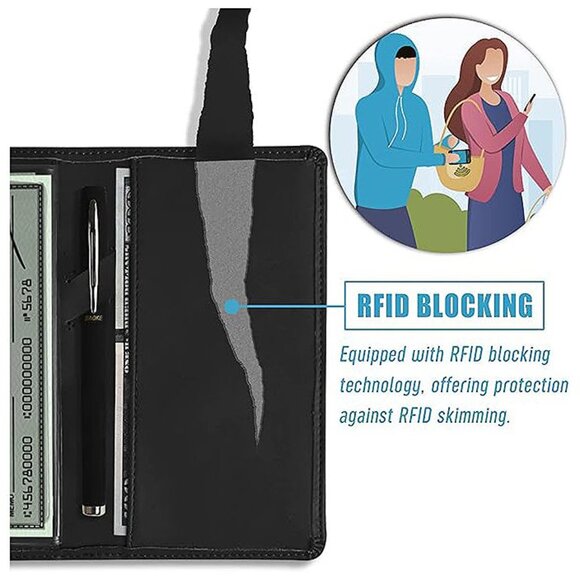 Leather Checkbook Cover for Men and Women Black - Picture 4 of 7